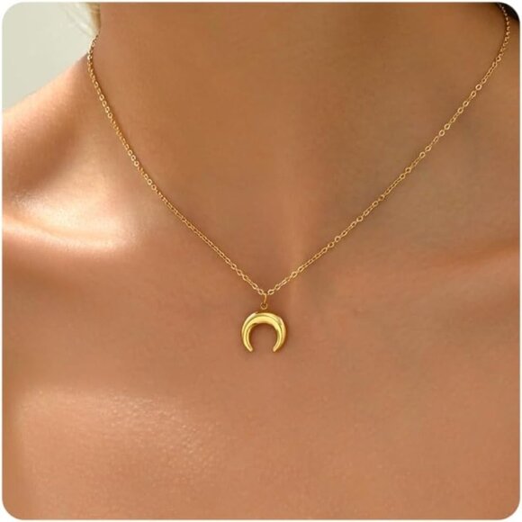 ⚡Gold Necklace for Women 18K Gold Plated Crescent Moon Sun Shoe Horn Pendant - Picture 1 of 7